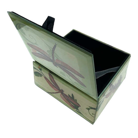 Red Dragonfly Keepsake Box French Inspired Beveled Glass Velvet Lined 4"Square - Picture 5 of 7